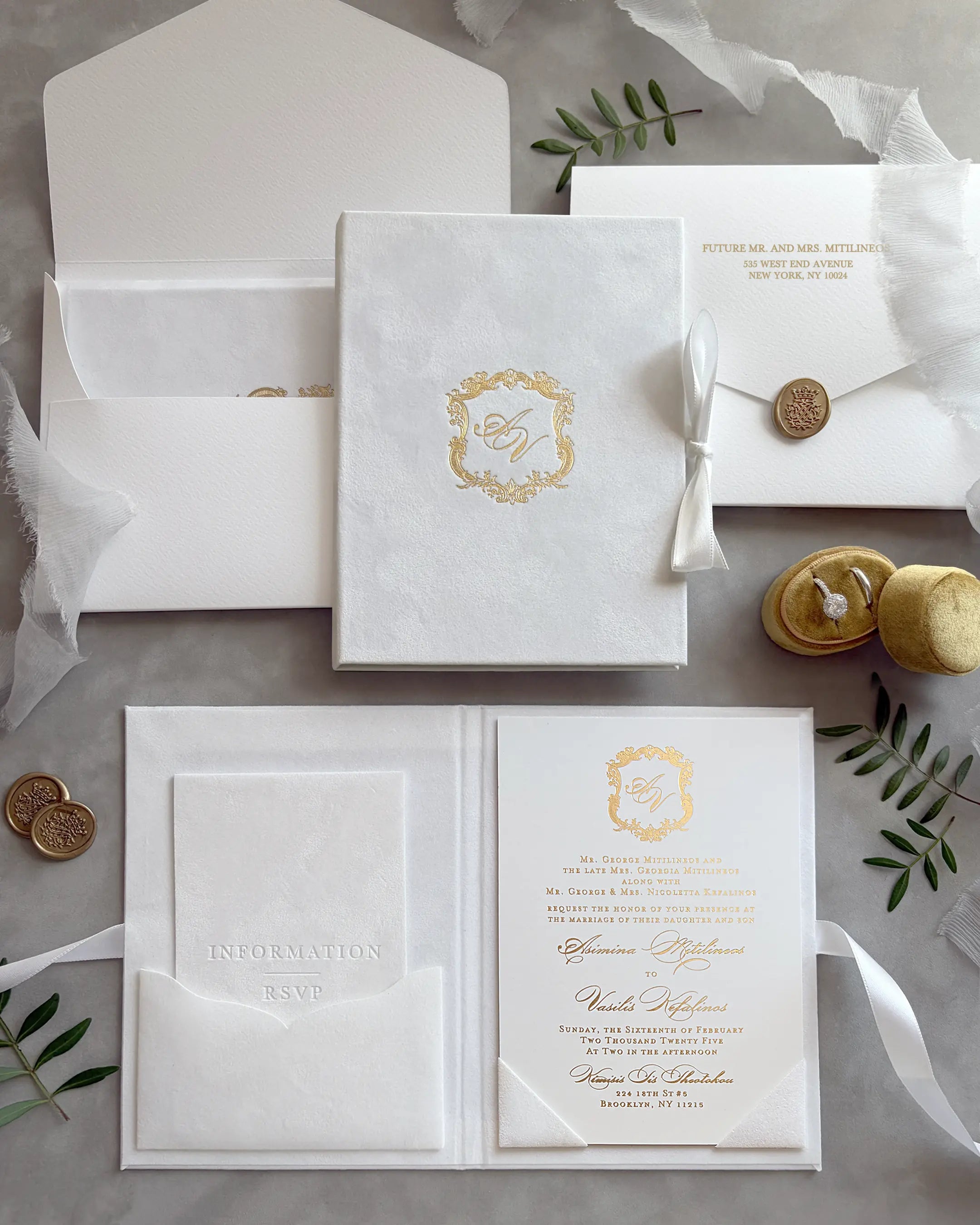 White Velvet Royal Style Folio wedding invitation suite with gold monogram, envelope and open card — Polina Perri